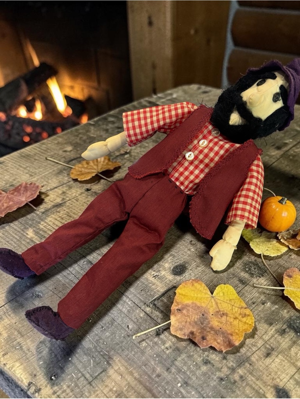 Handmade Burgundy Plaid Farmer Doll for Kids
